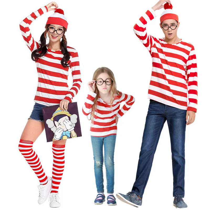 Top Trends: Where's Wally Family Matching Parent-Child Costume Red White Stripe Shirt + Hat + Glasses Girls Boys Shoppable Styles