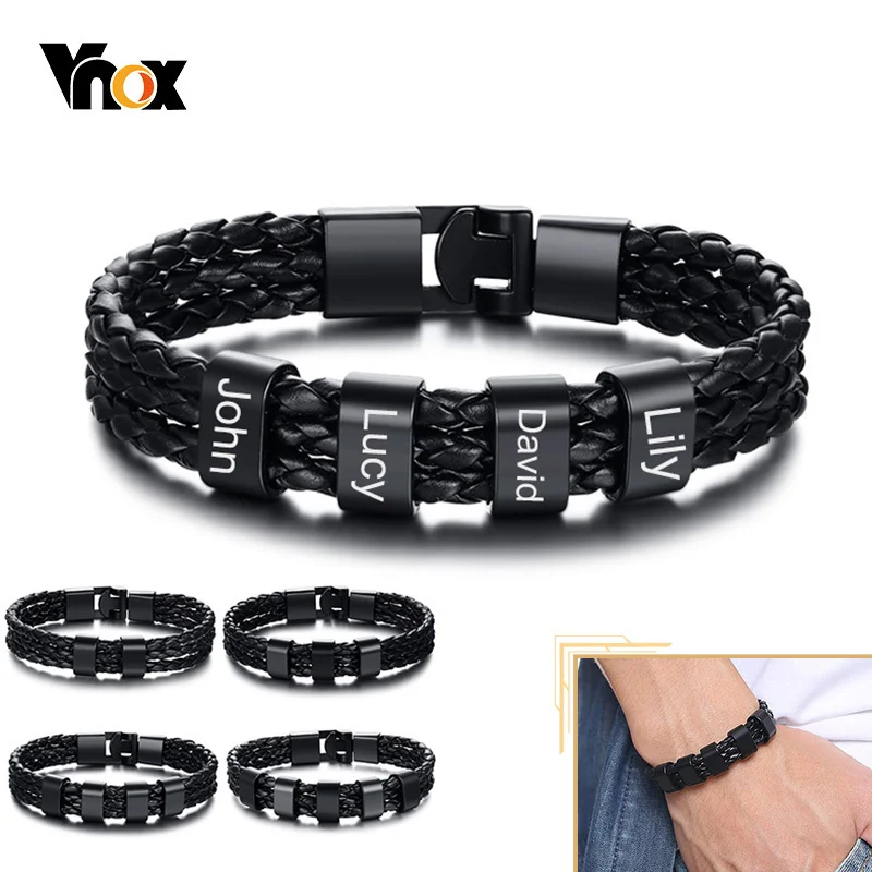 Top Trends: Vnox Personalize Family Name Bracelets For Men Black Layered Braided Leather With Stainless Steel Charms Custom Christmas Gift Shoppable Styles