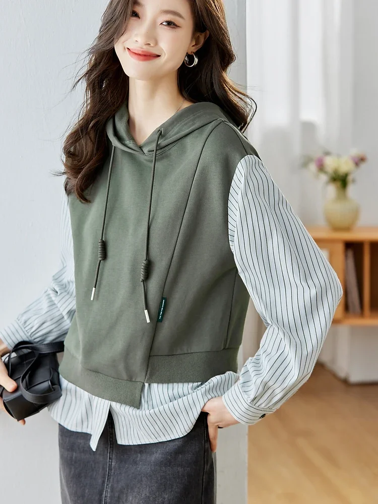 Top Trends: Vimly Fake Two Piece Loose Hoodies Women 2023 Autumn Patchwork Striped Long Sleeve Tops Female Casual Hooded Pullovers M2606 Shoppable Styles