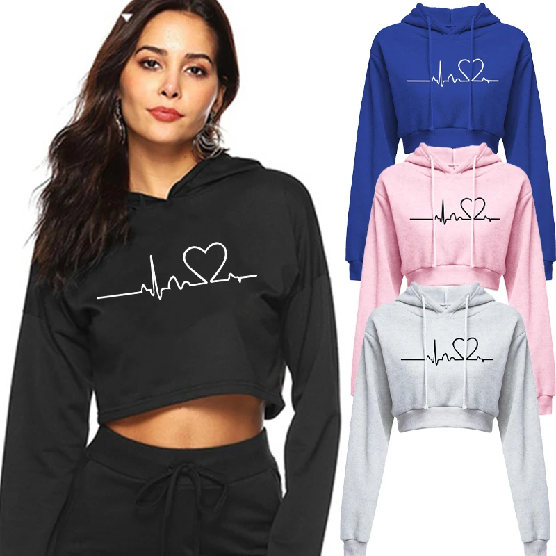 Top Trends: Women's Hooded Sweaters Hoodies Solid Color Long Sleeve ECG Prited Cropped Hooded Pullover Shoppable Styles