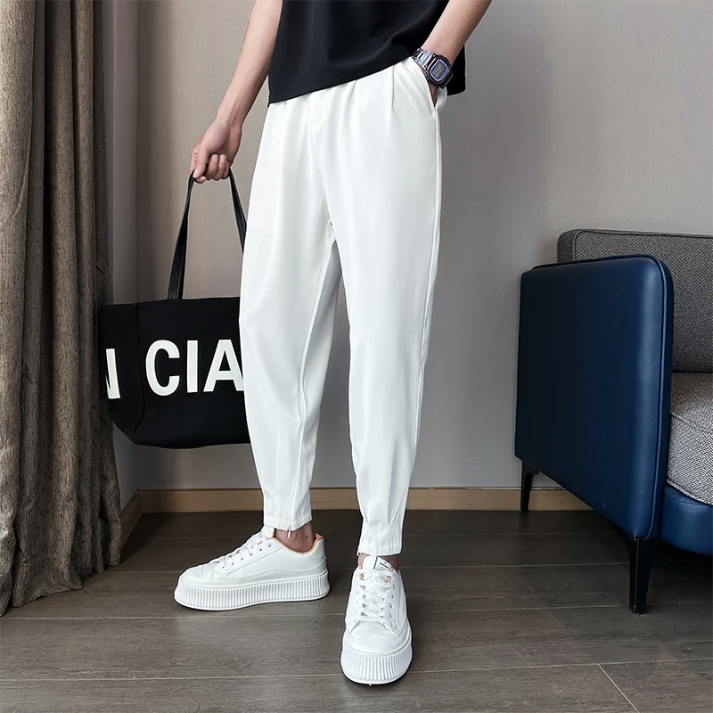 Top Trends: Summer Ice Silk Ultra-thin Men's Casual Suit Pants 2023 Fashion Zipper Beam Feet Street Harem Ankle Length Trousers Black White Shoppable Styles - Image 5