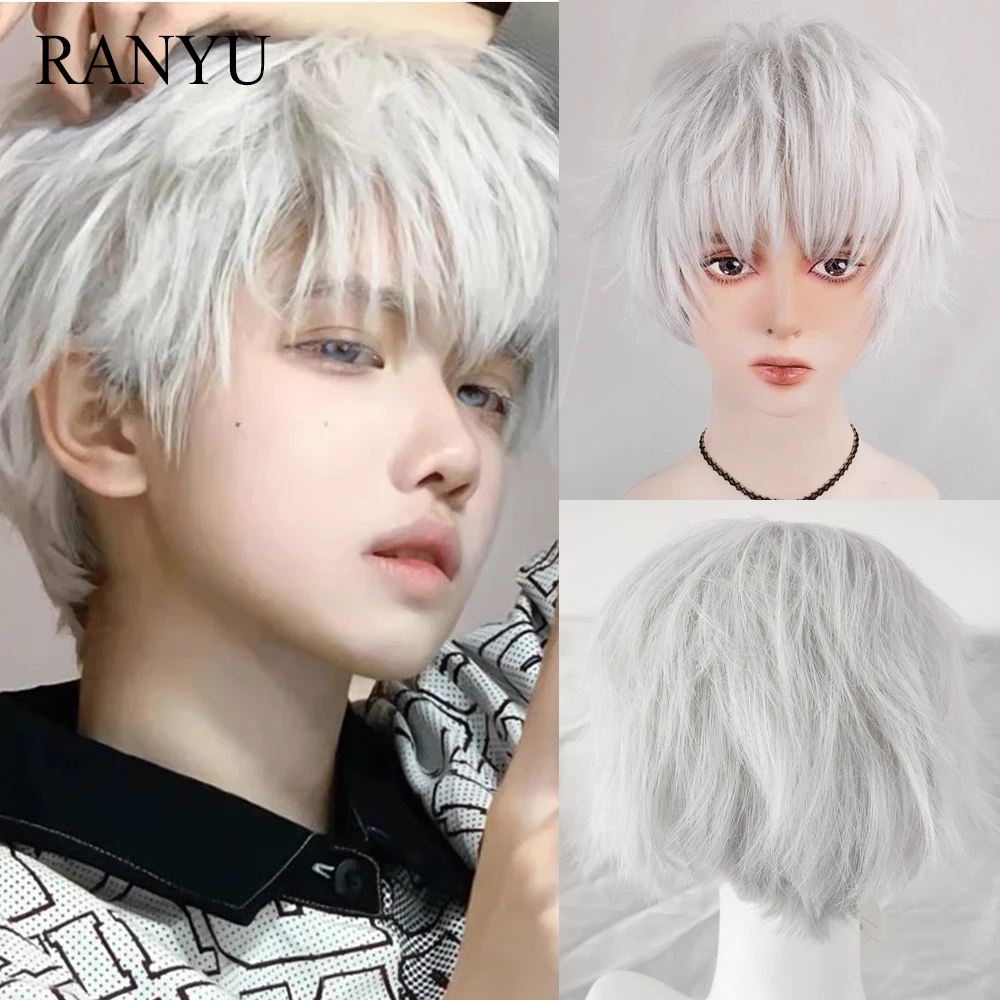 Top Trends: RANYU Synthetic Short Silver White Straight Curly Wigs Anime Men Cosplay Natural Hair Heat Resistant Wig For Daily Party Shoppable Styles