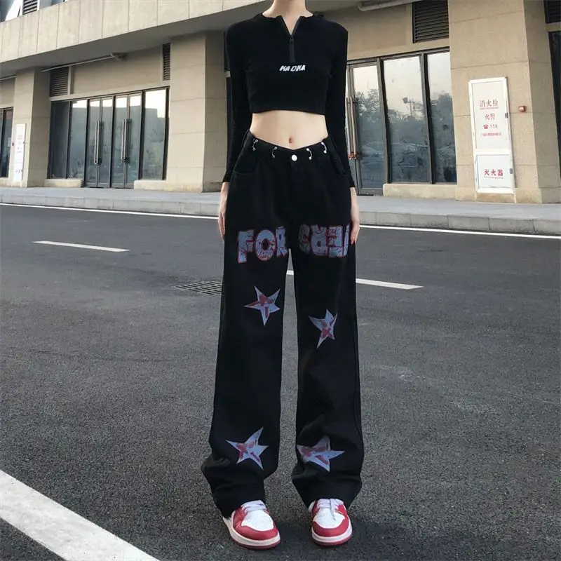 Top Trends: Hip Hop Vintage Women Black Straight Jeans Spring Autumn New Streetwear Fashion High Waist Star Loose Y2k Casual Trousers 2023 Shoppable Styles