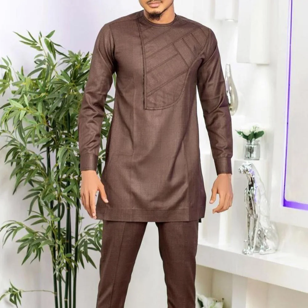 Top Trends: 2023 New Men&#039;s Elegant Tops And Pants Two-piece Set Printed Solid Color Round Neck Long-sleeved Suit Social African Ethnic Style Shoppable Styles