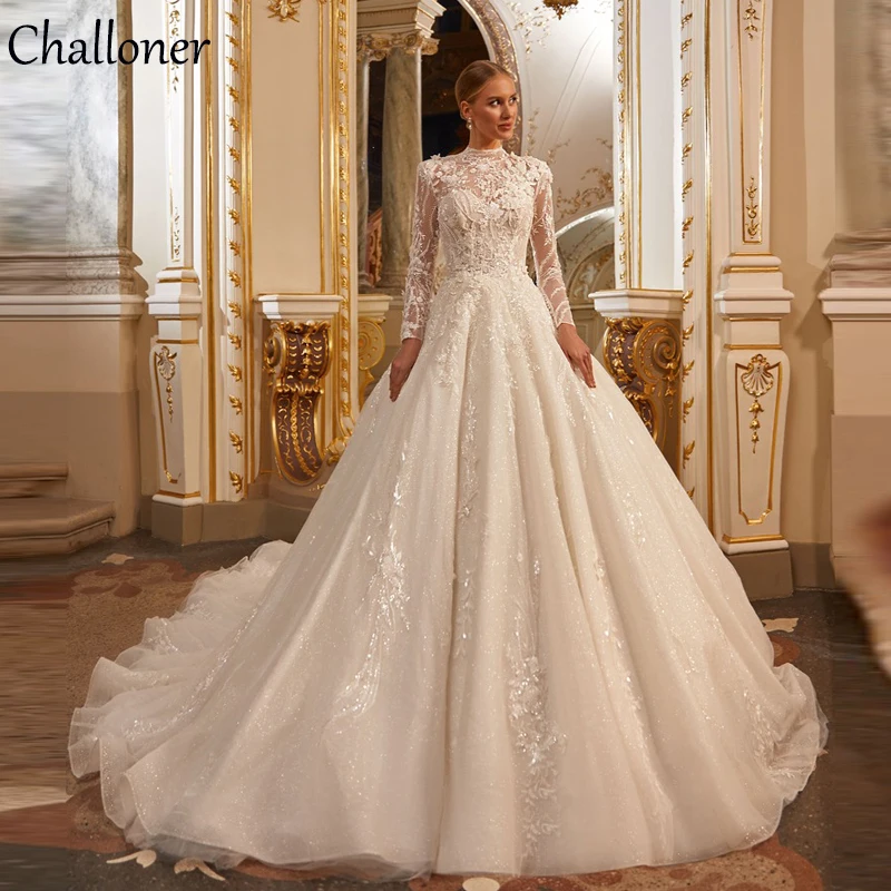 Top Trends: Challoner Exquisite Tulle Wedding Dress High Neck Lace Applique Beaded Squined Bride Ball Gowns Vestido De Novia Cathedral Train Shoppable Styles