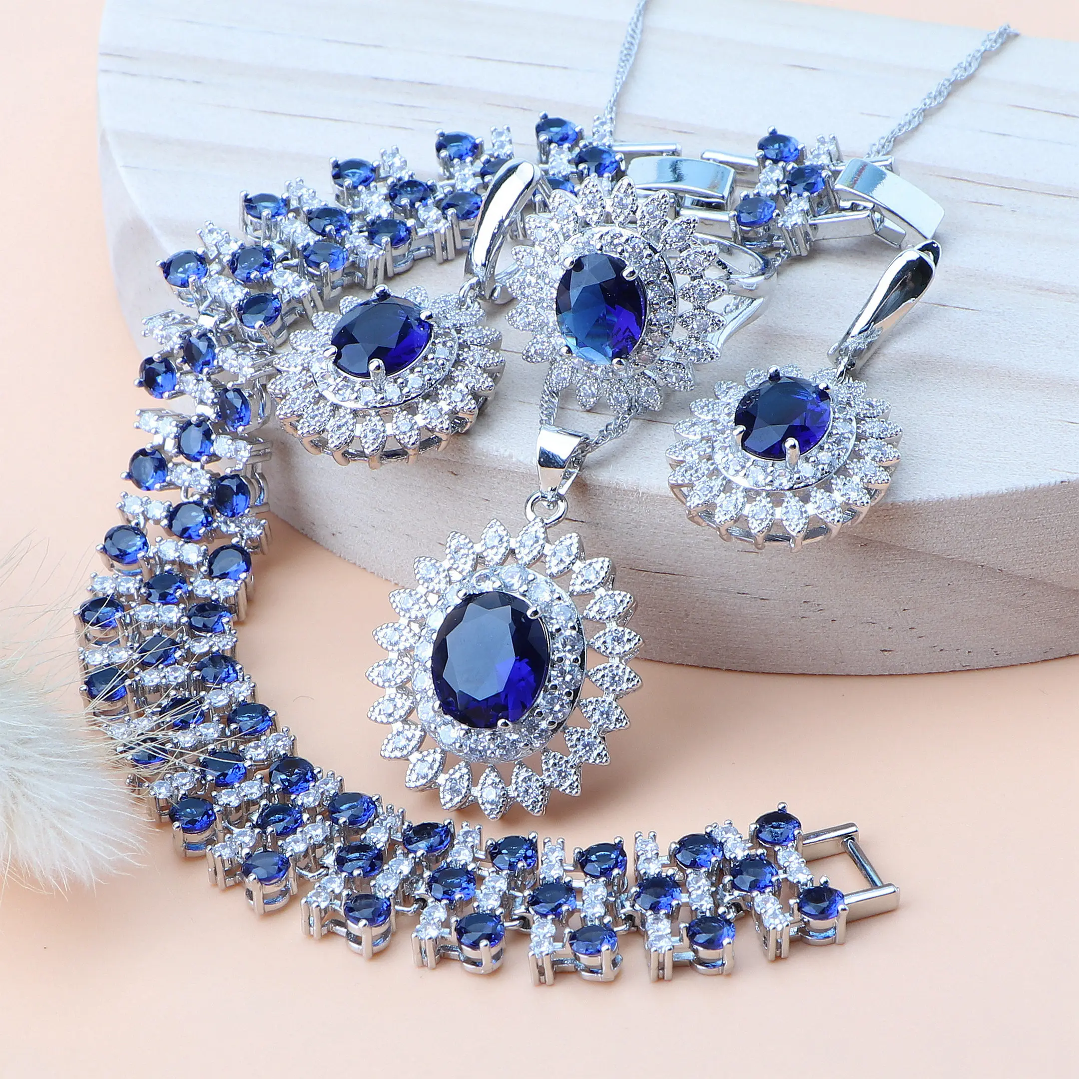 Top Trends: Natural Bridal Jewelry Sets Silver 925 Jewelry Ring Pendant Necklace Earrings Bracelets Wedding Blue Cubic Zircon Set For Women Shoppable Styles