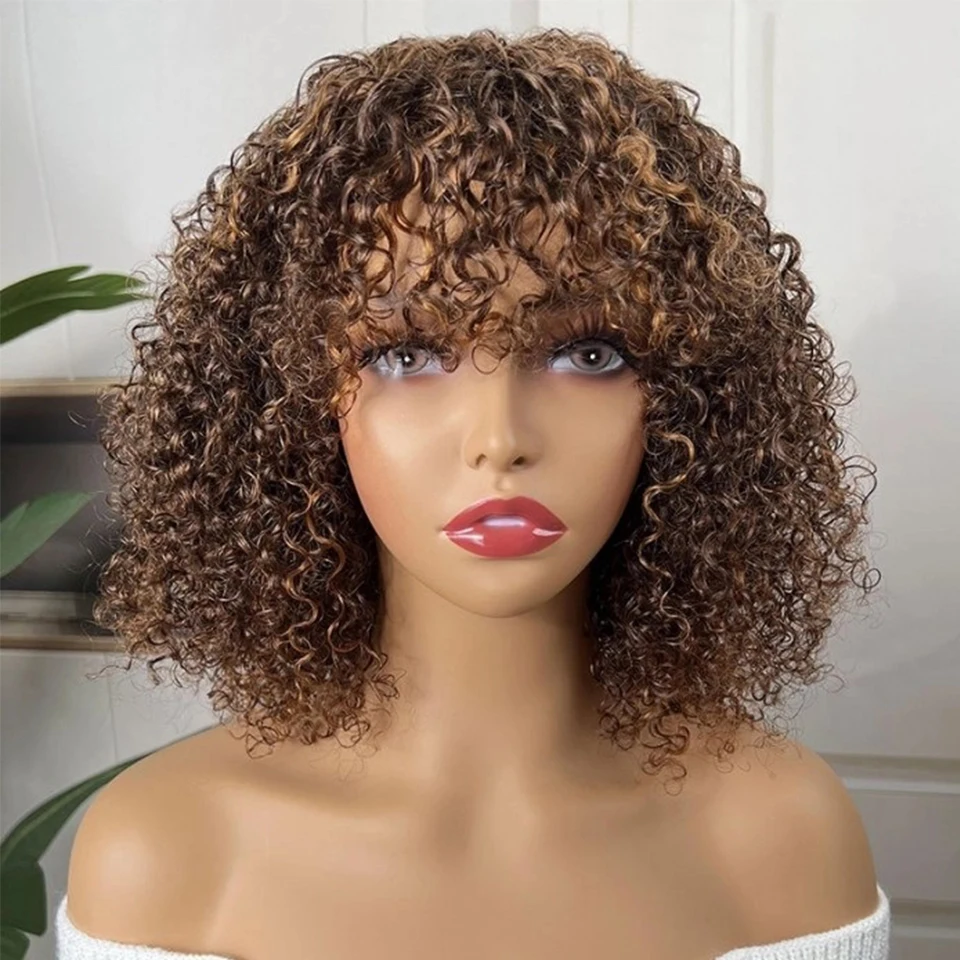 Top Trends: Sleek Short Human Hair Wigs For Women Curly Brazilian Hair Wigs With Bangs P1B / 30 Highlight Colord Water Wave Pixie Cut Wigs Shoppable Styles