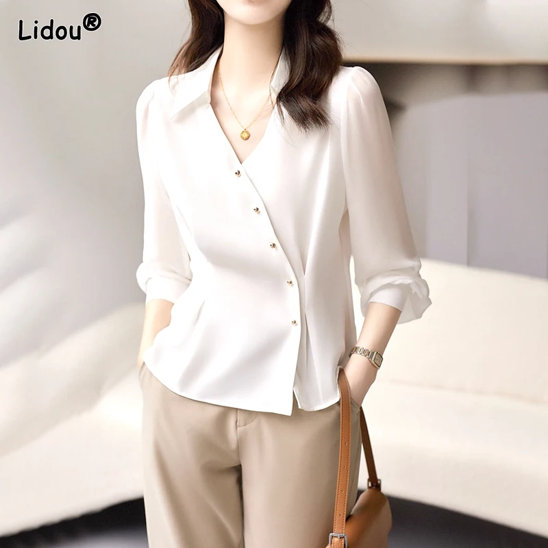 Top Trends: 2023 New Spring And Summer Elegance Commuting Simple And Western Style Flip V-neck Loose Oversize Design For Women&#039;s Shirt Trend Shoppable Styles