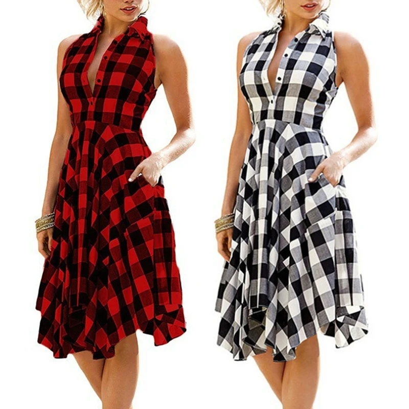 Top Trends: S-2XL 4Colors Plaid Pleated Sleeveless Ankle Length Shirt Dress Casual A-Line Women Summer Beach Party Office Travel Clothing Shoppable Styles