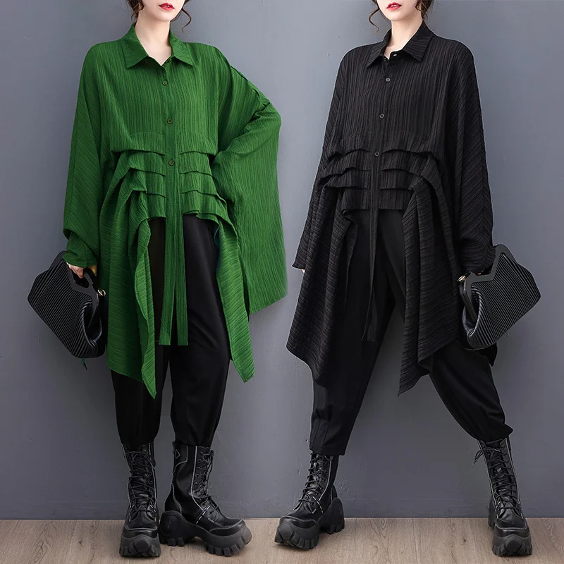 Top Trends: #2846 Black Green Irregular Shirt Women Batwing Sleeve Loose Long Streetwear Hip Hop Womens Tops And Blouses Folds Korean Style Shoppable Styles