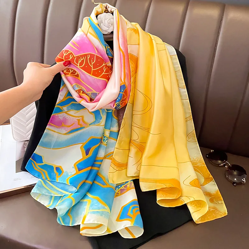 Top Trends: Spain Fashion Brand Women Silk Scarf Luxury Floral Stain Pashmina Shawls And Wraps Foulard Femme Bufandas Beach Hijab 180*90Cm Shoppable Styles - Image 3