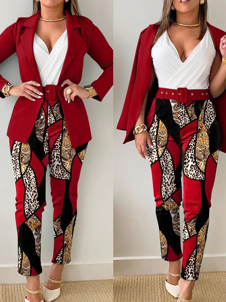 Top Trends: Sets Outifits 2023 Buttoned Blazer Coat &amp; Baroque Leopard Print Belted Pants Set Of Two Fashion Pieces For Women Elegant Female Shoppable Styles