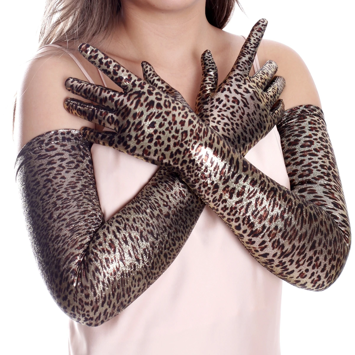 Top Trends: Ftshist Women Sexy Leopard Gloves 70cm Elbow Long Glossy Metallic Color Stamping Foiled Glove Stretchy Full Finger Mittens Shoppable Styles - Image 3