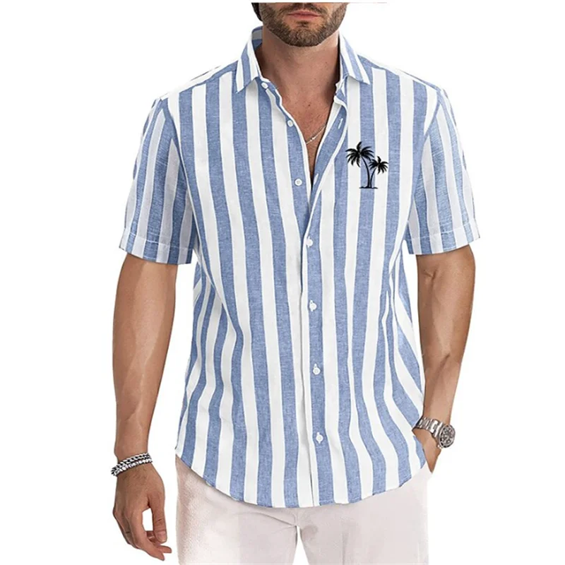 Top Trends: Men's Shirt Coconut Tree Stripe Print Lapel Blue Outdoor Street Short Sleeve Clothing Oversized Fashion Designer Casual Soft Shoppable Styles