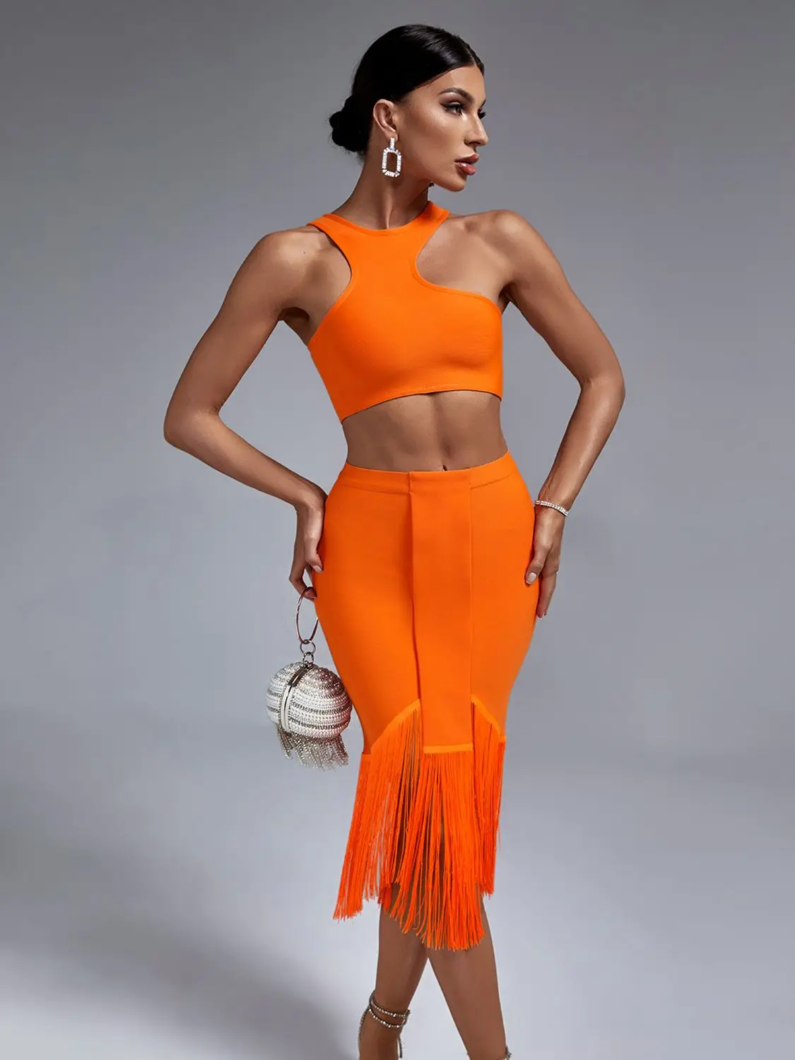 Top Trends: Bandage Two Piece Set Top And Skirt Women Elegant Sexy Fringed Orange 2 Piece Set Birthday Evening Party Club Outfits Summer Shoppable Styles