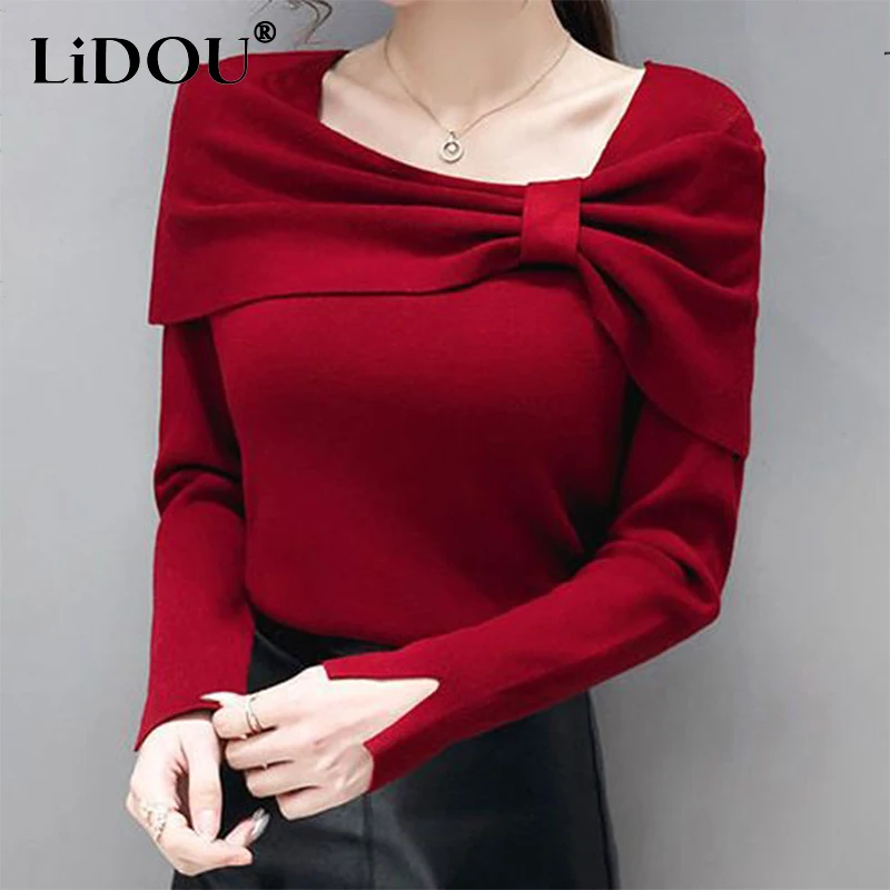 Top Trends: Autumn Winter Elegant Fashion Bow Sweater Ladies Slim Solid Color Slit Knitting Pullovers Women&#039;s Vintage All-match Jumpers Top Shoppable Styles