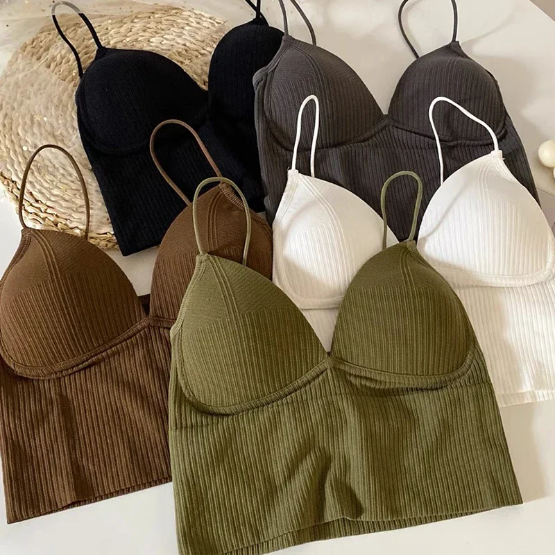 Top Trends: Ladies Camisole Slim Fit Sexy Stretch Push Up Bra With Chest Pads Knitted Crop Top Short Tube Top V-Neck Tops Bralette Hot Sale Shoppable Styles