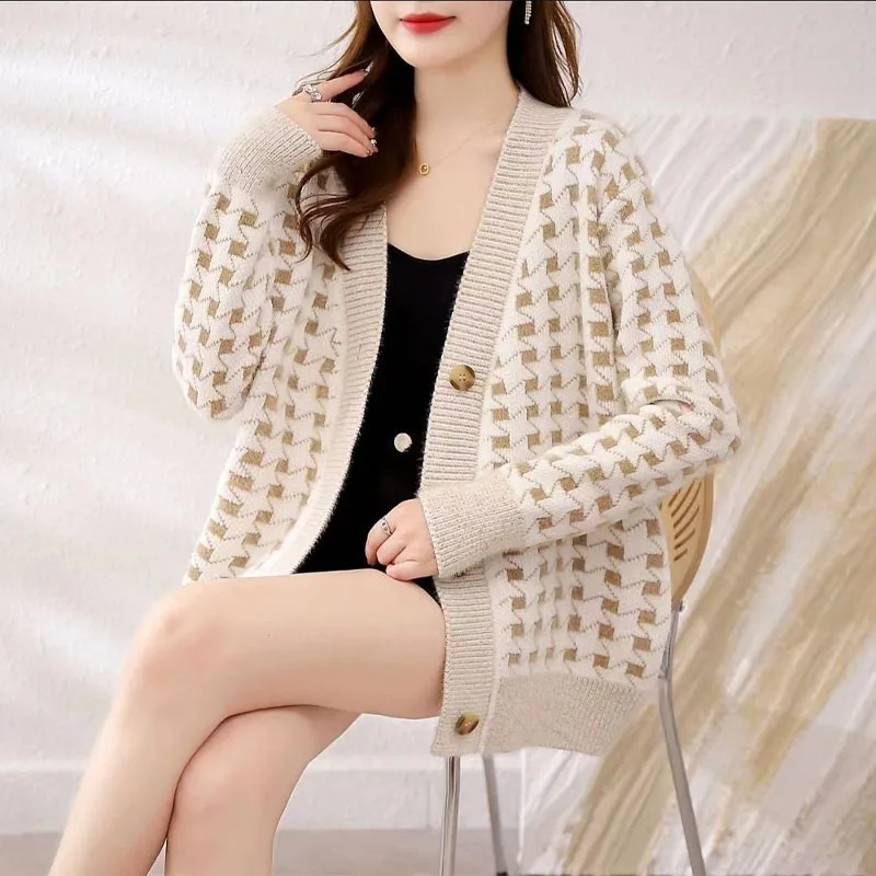 Top Trends: 2023 New Autumn And Winter Fashion Minimalist V-neck Color Matching Cardigan Sweater Temperament Casual Loose And Slimming Top Shoppable Styles