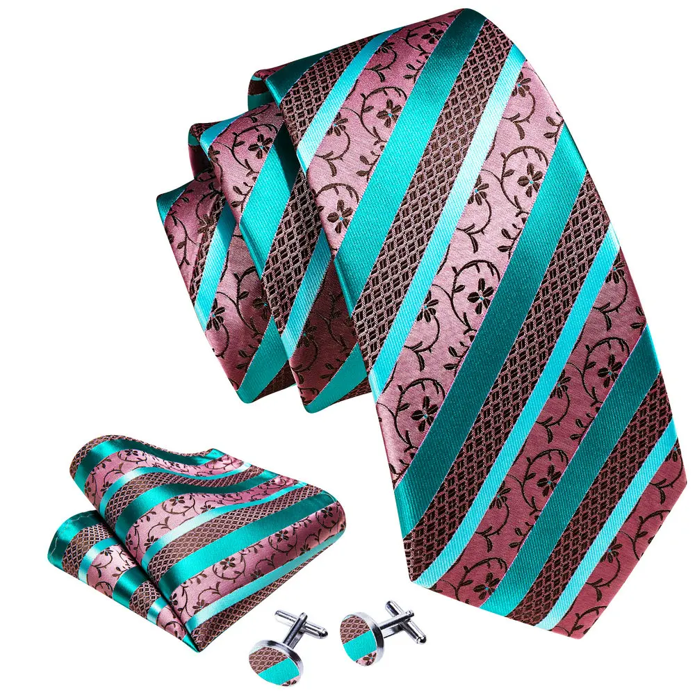 Top Trends: Elegant Teal Pink Stripe Men Tie Floral Silk Kerchief Cufflinks Set Luxury Necktie Groom Wedding Party Designer Barry.Wang 6371 Shoppable Styles