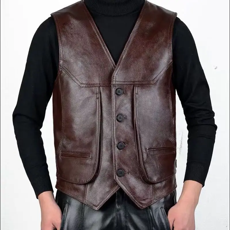 Top Trends: New Arrival Cowhide Genuine Leather Vest Motorcycle Mens Slim Fit Real Brown Cow Leather Waistcoat Bikers Vest Size L-8XL Jacket Shoppable Styles