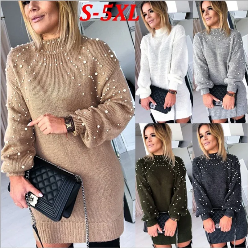 Top Trends: Women O Neck Beading Pearls Solid Loose Sweater S-3XL Pullover Knitted Long Sleeves Outstreet Knitwear Dress Shoppable Styles