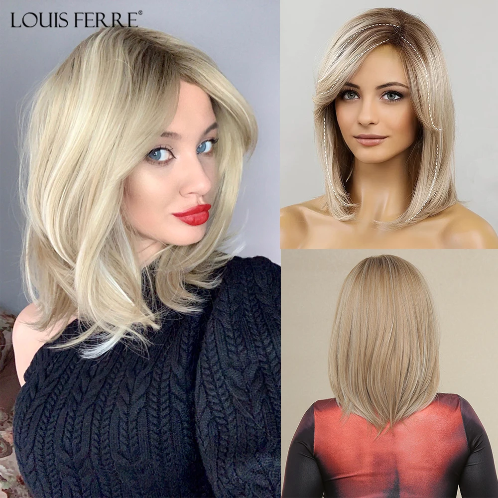 Top Trends: LOUIS FERRE Blonde Short Straight Wigs For Women Shoulder Length Layered Synthetic Hair Wig With Dark Roots Natural Fluffy Daily Shoppable Styles