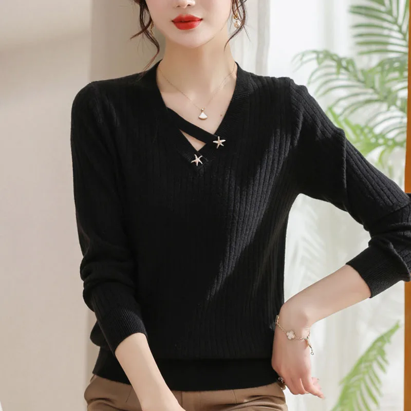 Top Trends: New Spring And Autumn Fashion V-Neck High End Western Style Age Reducing Loose Versatile Large Size Slim Women&#039;s Knitted Sweater Shoppable Styles