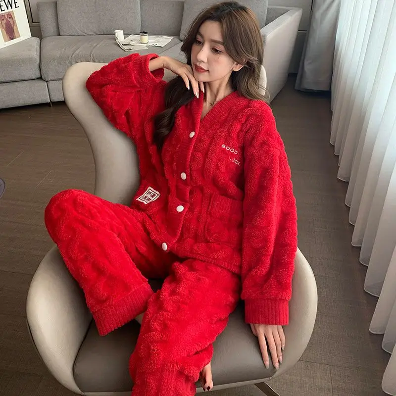 Top Trends: Red Coral Fleece Pajamas Women Fall Winter Add Fleece To Thicken Cardigan Jubilant Loungewear Can Be Worn Outside Sleepwear Shoppable Styles