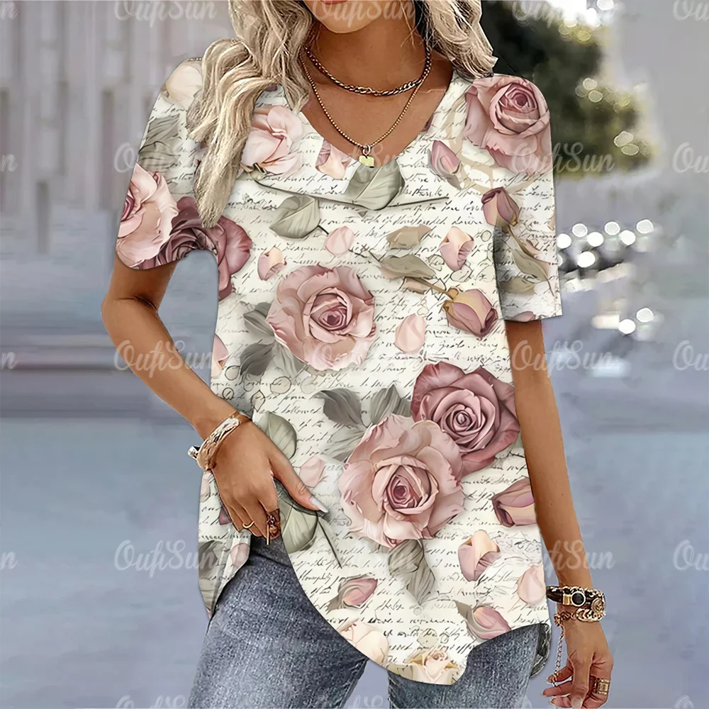 Top Trends: New Floral Print T-shirt For Women Summer V-neck Pullover Tops Female Oversized Short Sleeve Tees Fashion Basic Ladies Clothing Shoppable Styles