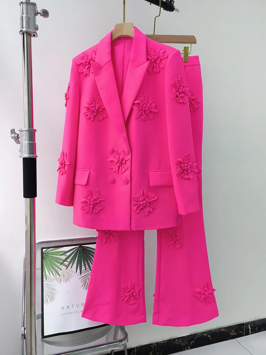 Top Trends: Women Suit Collar Spring Jacket Full Length Fuchsia Coat Fashion Style Micro Flared Pants Flower Suits Sets 2 Pieces In Stock Shoppable Styles