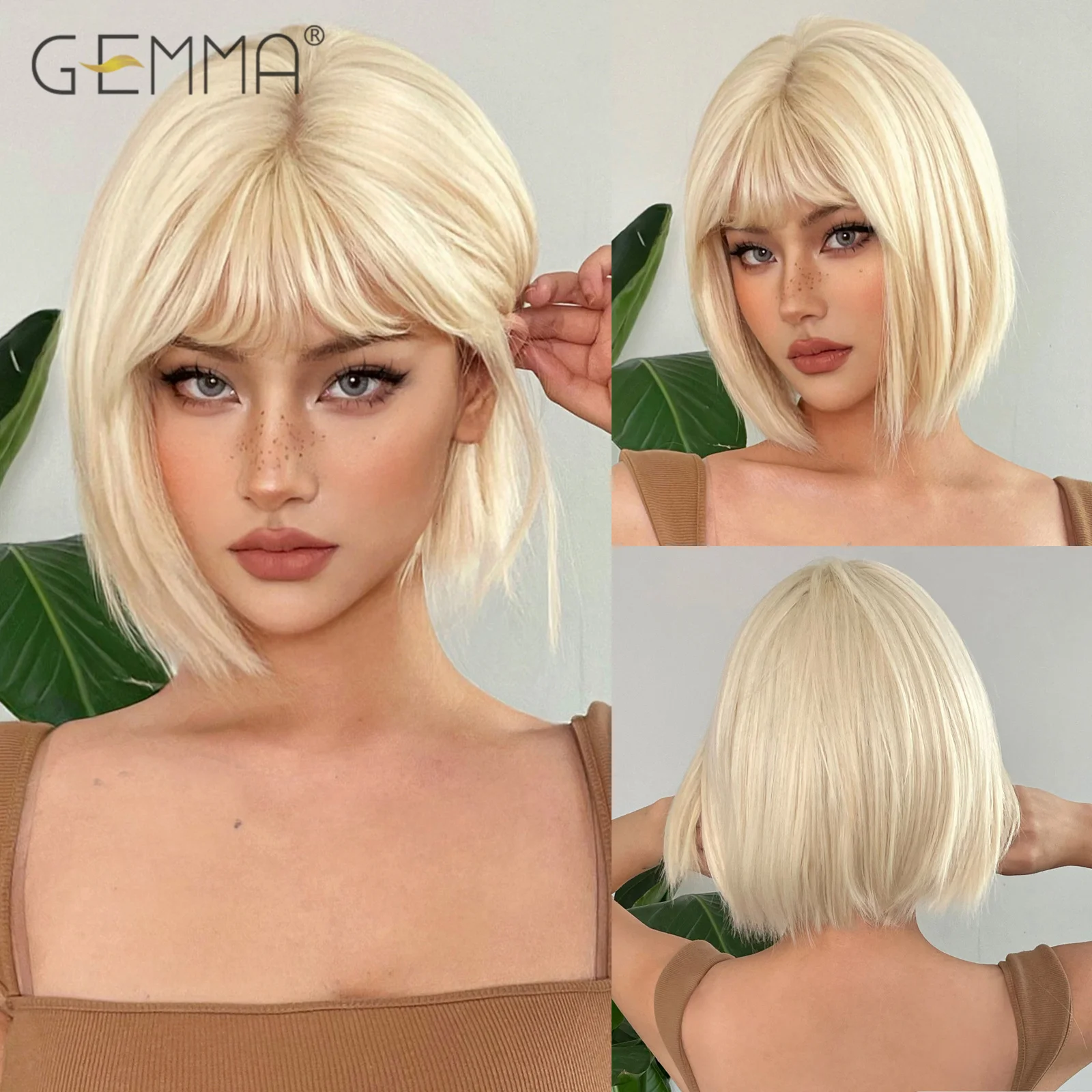 Top Trends: GEMMA Platinum Blonde Short Bob Wigs With Bangs Synthetic Straight Natural Hair Cosplay Party Wigs For Women Heat Resistant Shoppable Styles