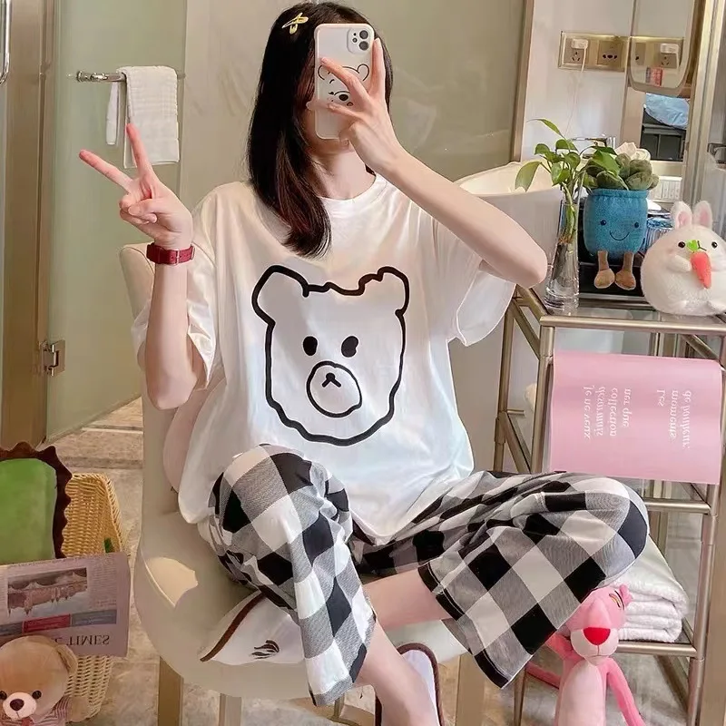 Top Trends: Women Pajamas Sets Plaid XXL Sleepwear Short Sleeve Pants Pyjama Summer Cartoon Pijamas Mujer Female Loungewear Casual Homewear Shoppable Styles