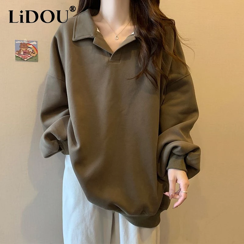 Top Trends: 2023 Spring Autumn Solid Color Fashion Turn-down Collar Long Sleeve Sweatshirts Women Vintage American Style All-match Pullovers Shoppable Styles