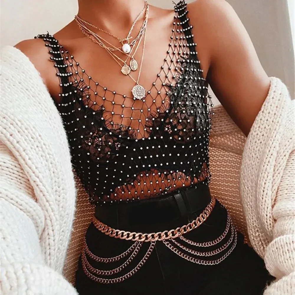 Top Trends: Sexy Shiny Rhinestone Fishnet Women Y2K Tank Tops See Through Crop Top Summer Beach Cover Up Tops Party Nightclub Women Clothing Shoppable Styles