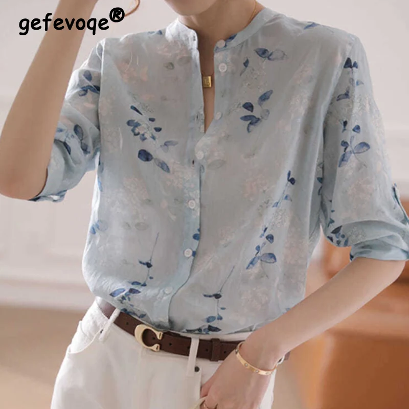 Top Trends: Summer New Stand Collar Vintage Floral Lady Shirt Single Breasted 3 / 4 Sleeve Chiffon Blouse Femme All-match Chic Women Clothing Shoppable Styles