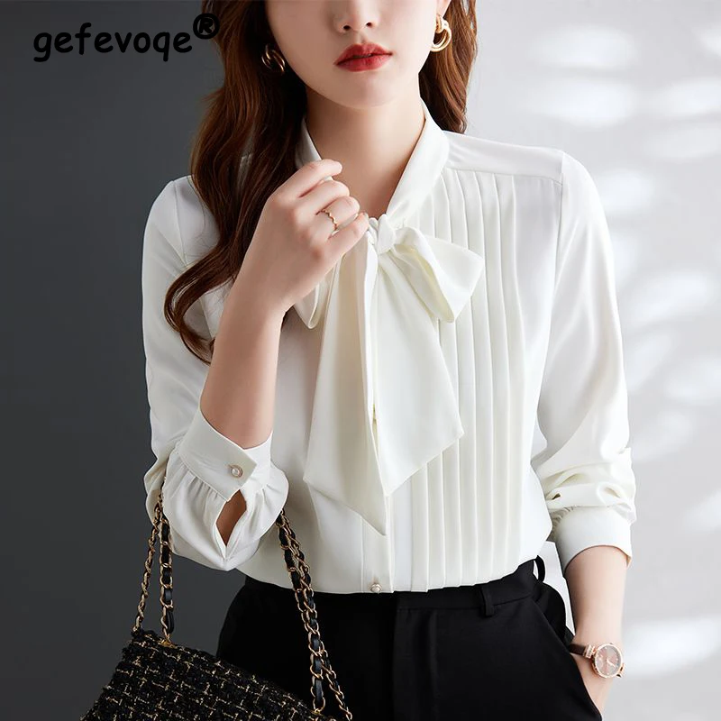 Top Trends: Spring Autumn Women&#039;s Elegant Fashion Bow Lace Up Shirt Ladies Temperament Pleated Long Sleeve Blouse Female White Cardigan Top Shoppable Styles