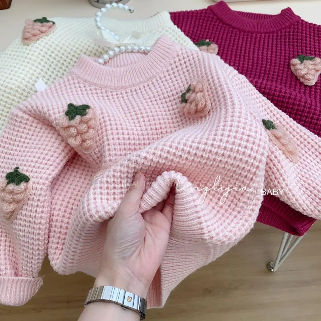 Top Trends: Spring And Autumn Girls Fashion Round Neck Knitted Sweater Little Girls Loose Top Coat Children Baby Strawberry Sweater Shoppable Styles