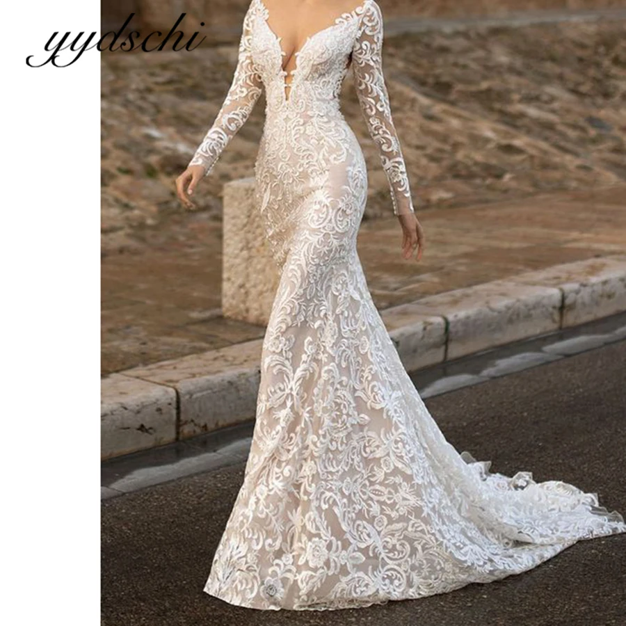 Top Trends: Exquisite Lace Long Sleeve Wedding Dress For Women Sheath Illusion V-Neck Bridal Floor Length Backless Dresses Court Train 2023 Shoppable Styles