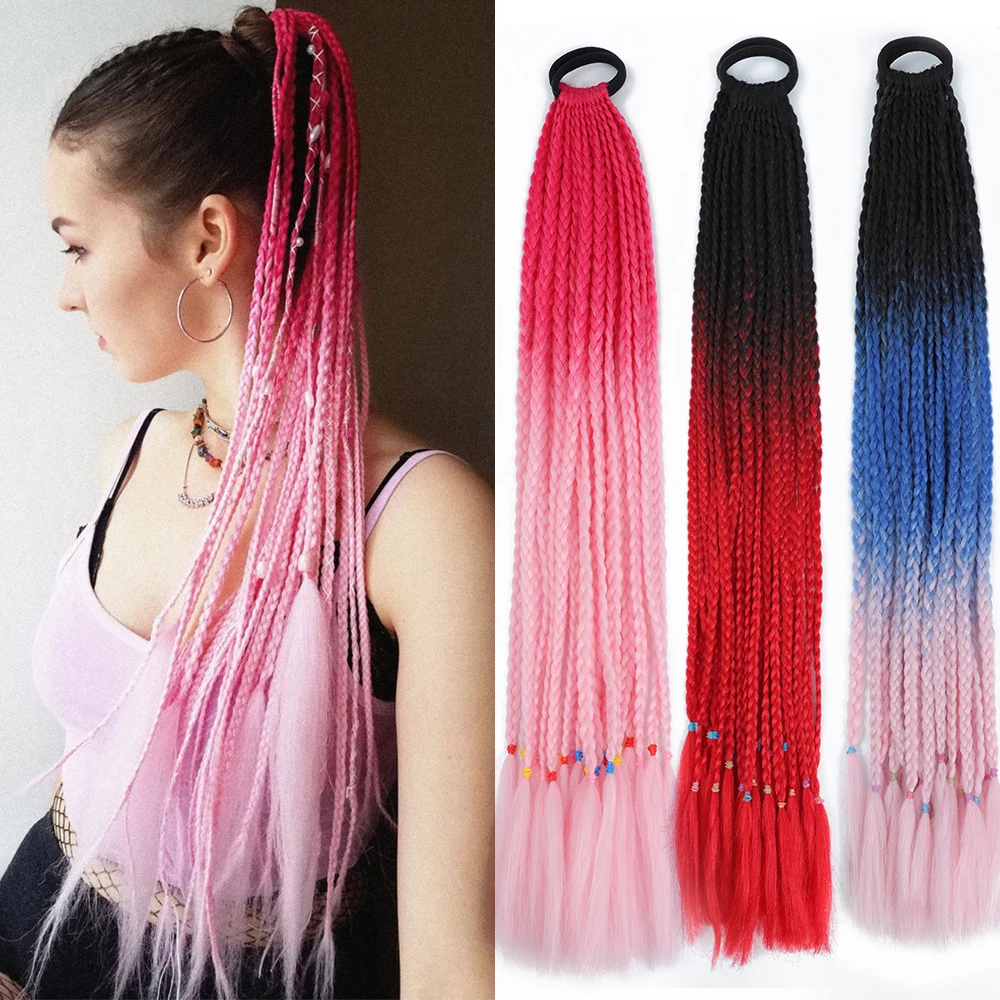 Top Trends: Synthetic Gradient Color Dirty Braided Ponytail Extensions With Elastic Band 24" Rainbow Braid Pony Tail Hairpiece For Girl Shoppable Styles