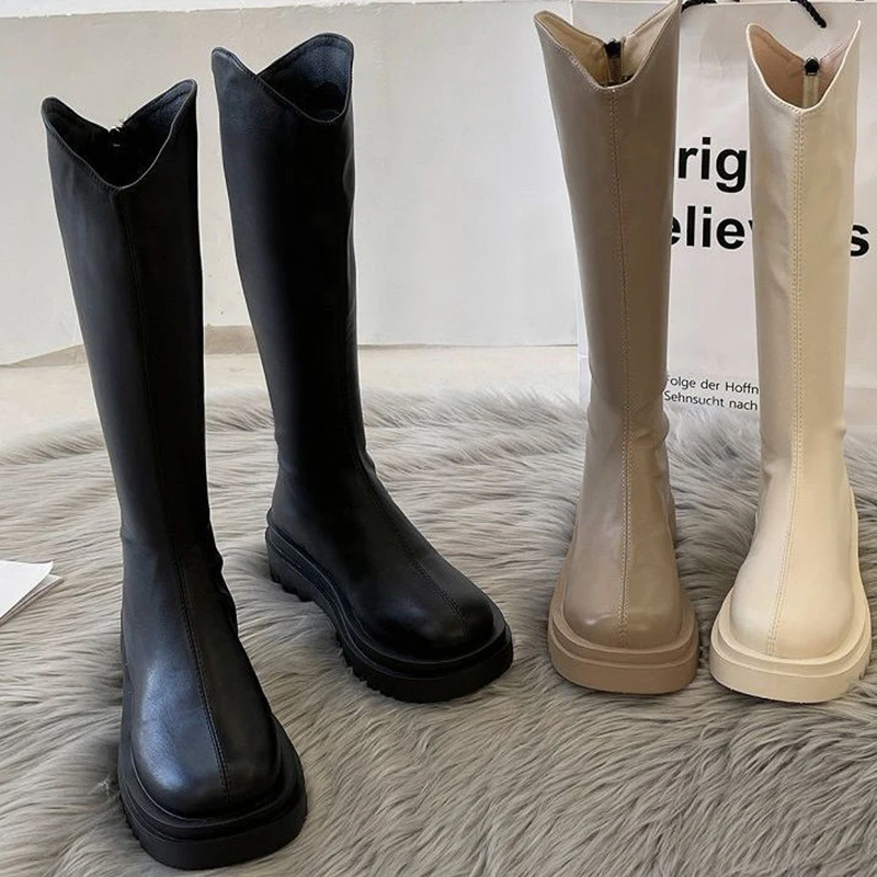 Top Trends: Women Boots Fashion Casual Non Slip Zipper Knee Boots Woman Comfortable Round Boots Ladies Platform PU Winter Boot Female Shoppable Styles