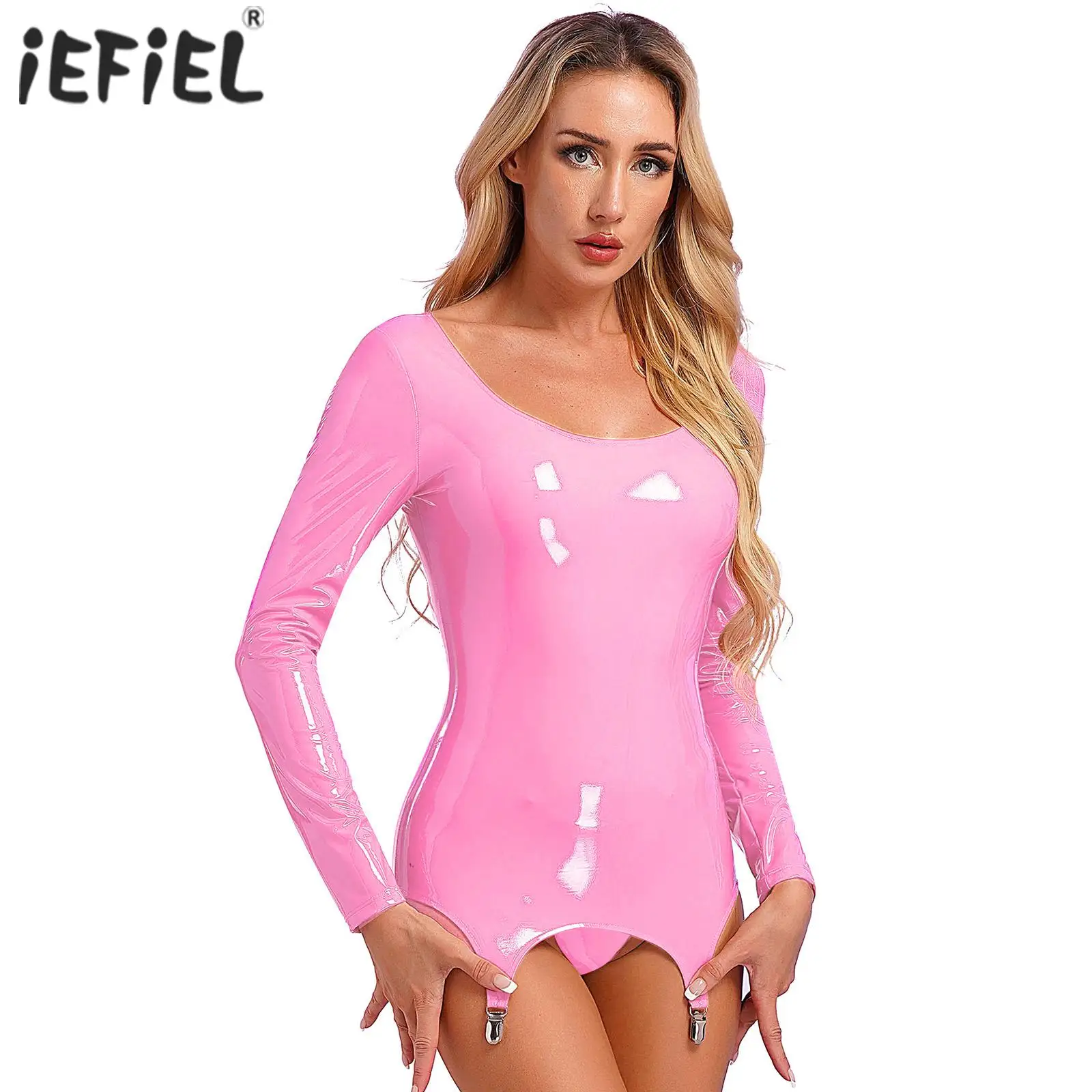 Top Trends: Club Dress For Women 2023 Long Sleeve Back Zipper Mini Lingerie Dress Glossy Patent Leather Bodycon Dress With Garter Clips Shoppable Styles