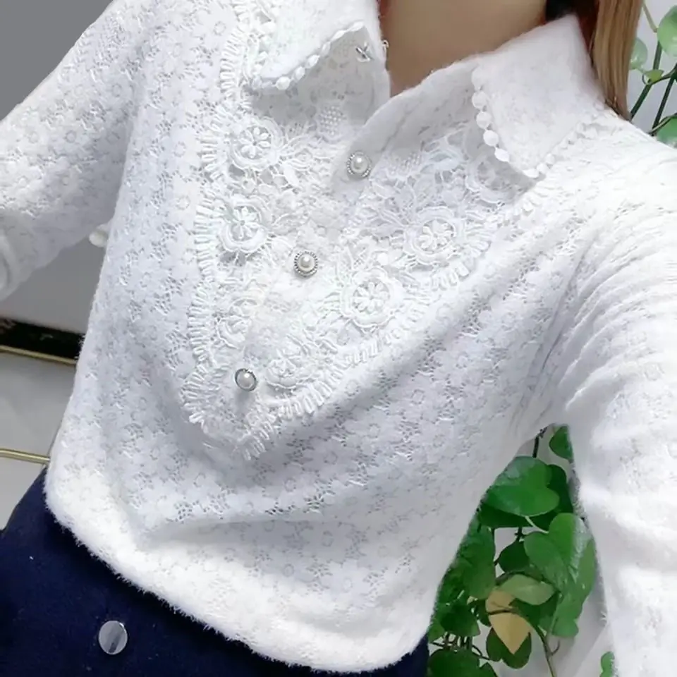 Top Trends: White All-match Fashion Jacquard Open Stitch Shirt Long Sleeve Polo-Neck Office Lady Chic Sexy Spring Autumn Loose Casual Blouse Shoppable Styles