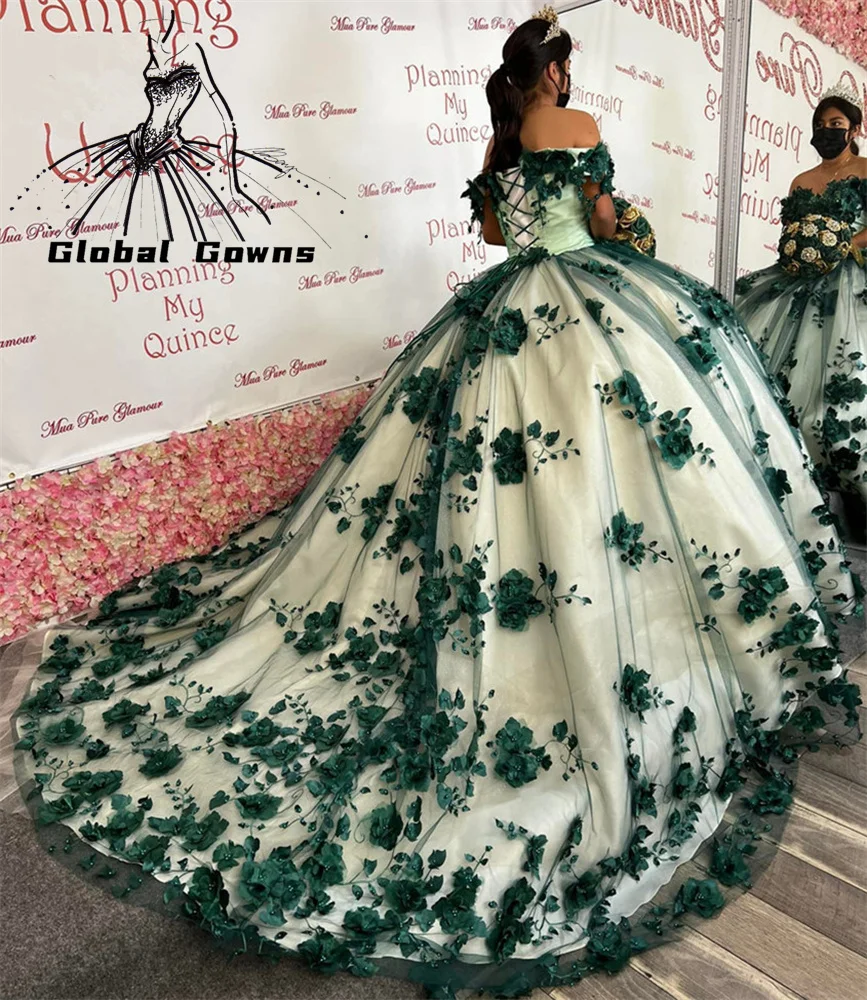 Top Trends: Emerald Green Floral Quinceanera Dresses With 3D Flowers Ball Gown Puffy Sexy Off The Shoulder Corsert Debut Party Long Dress Shoppable Styles