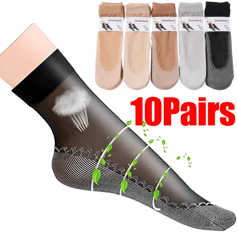 Top Trends: 1 / 10Pairs Summer Women Socks Non-Slip Sweat-Absorbing Cotton Soft Thin Breathable Fashion Sexy Silk Sock Ladies Transparent Sock Shoppable Styles