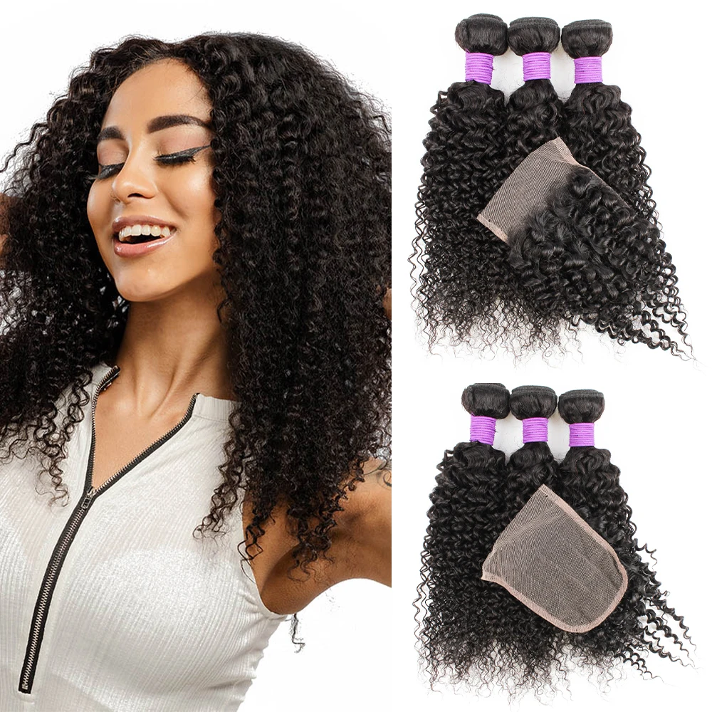 Top Trends: Gemlong Jerry Curly 3 Bundles With 4*4 Lace Closure 200g / lot Remy Brazilian Human Hair Weaving 4*1 T Lace Middle Part Closures Shoppable Styles