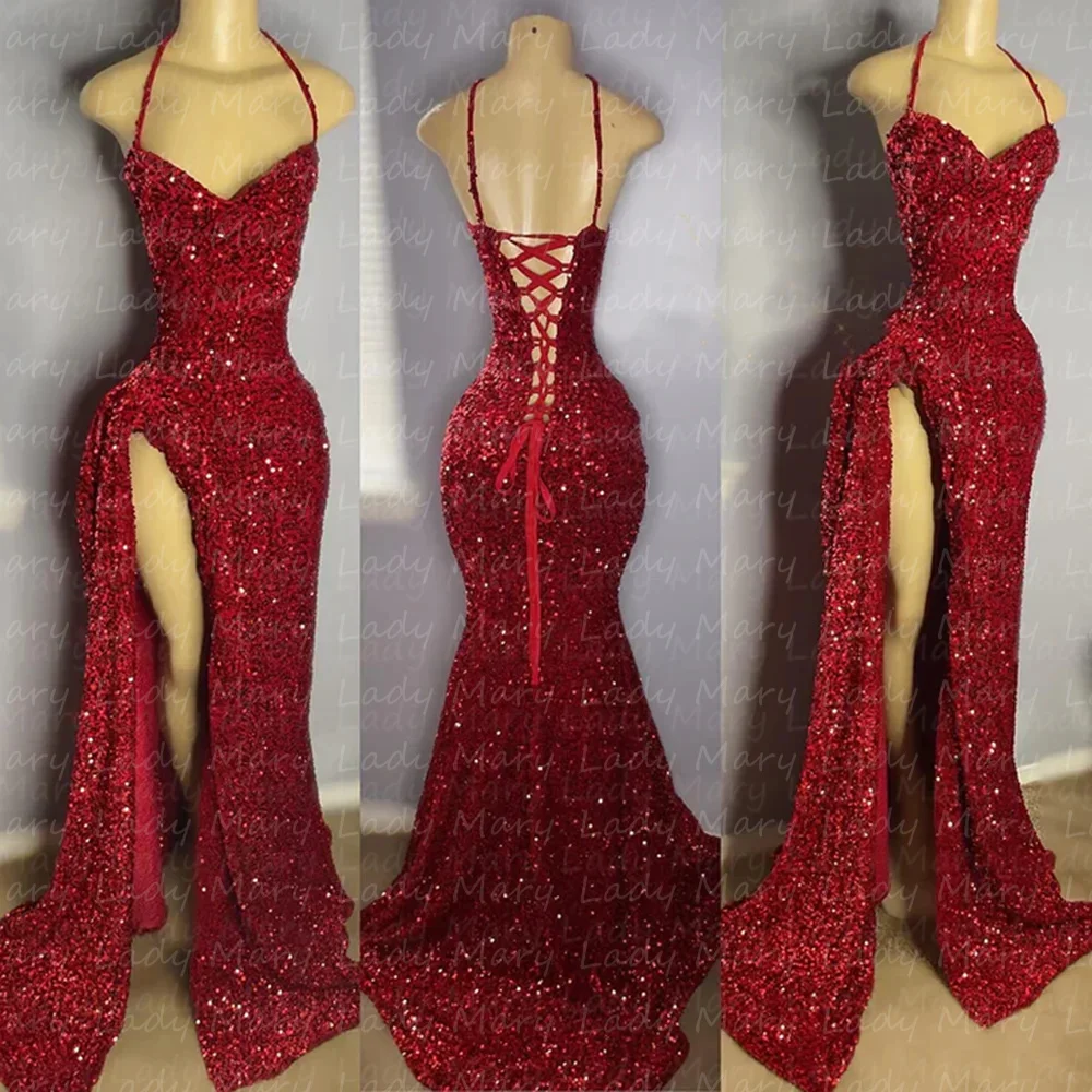 Top Trends: Charming Red Sequins Evening Dresses Spaghetti Straps Split Women Formal Occasion Night Party Prom Gowns Met Gala Shoppable Styles