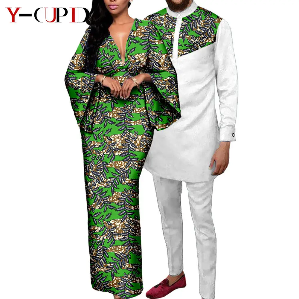 Top Trends: Couple Clothes African Print Deep V Neck Long Dresses For Women Matching Men Outfits Dashiki Top Shirt And Pant Sets Y23C088 Shoppable Styles