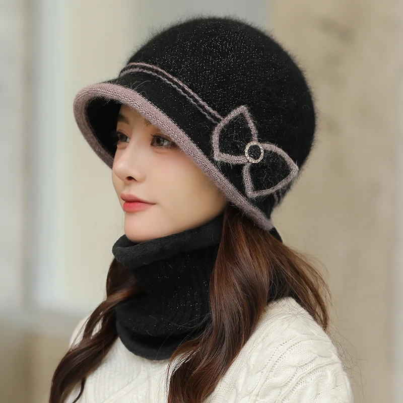 Top Trends: Rabbit Hair Knitted Wool Hat Women Winter Warm Solid Color Basin Caps Female Fashion Skullies Beanies Bonnet Sets With Bib Shoppable Styles - Image 5