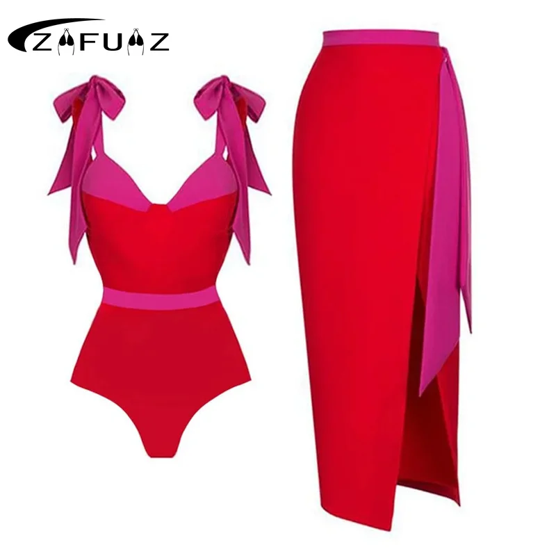 Top Trends: ZAFUAZ 2023 Sexy Tie-shoulder Color Block One Piece Swimsuit Swimwear Skirt Women Luxury Bikinis Set Swimsuit Beach Bathing Suit Shoppable Styles