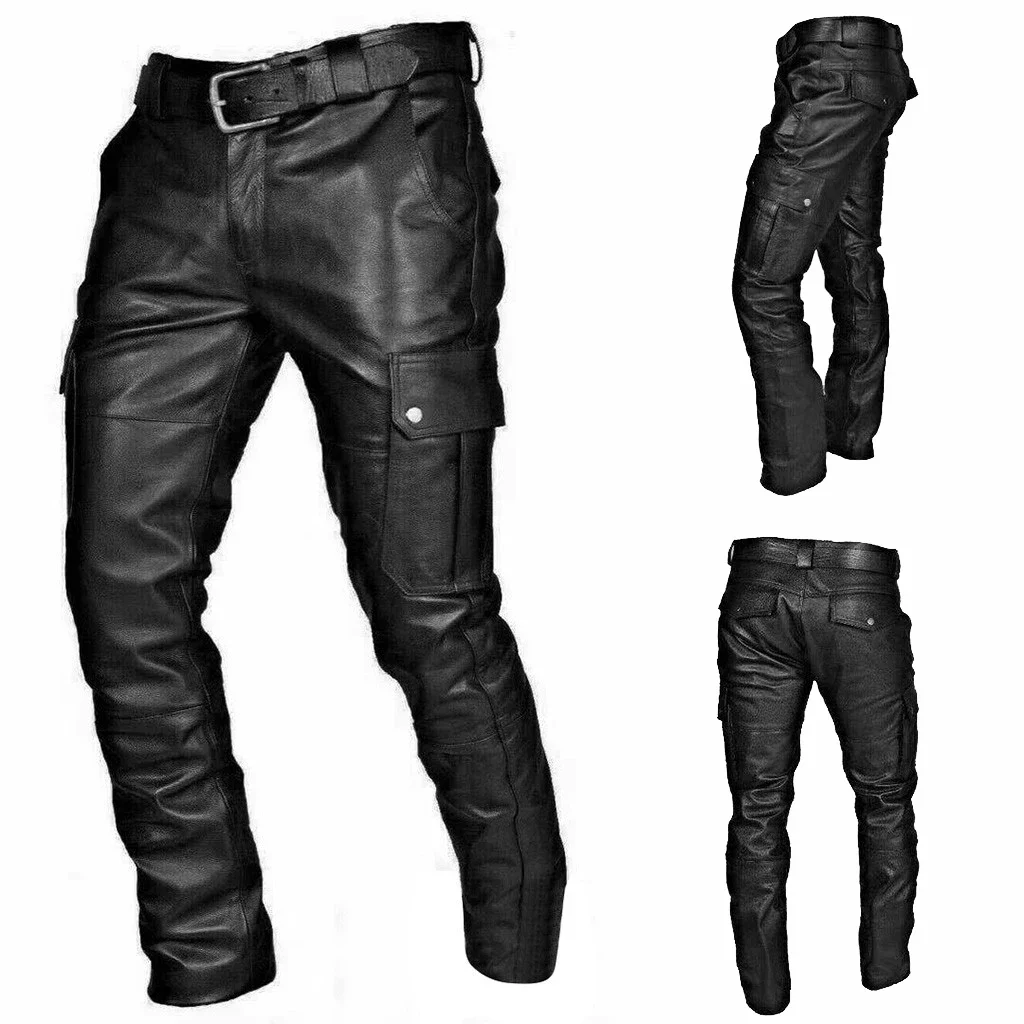 Top Trends: Men Leather Pants Superior Quality Elastic Male Fashion Motorcycle Faux Leather Trousers Rock Streetwear Pockets Shoppable Styles